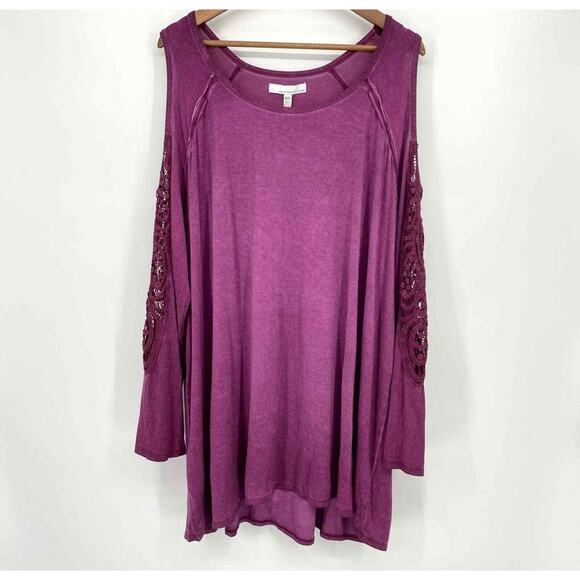 FOURTEENTH PLACE Cold Shoulder Crochet Long Sleeve Tunic Sz 1X Purple Oxford NWT - Picture 2 of 6